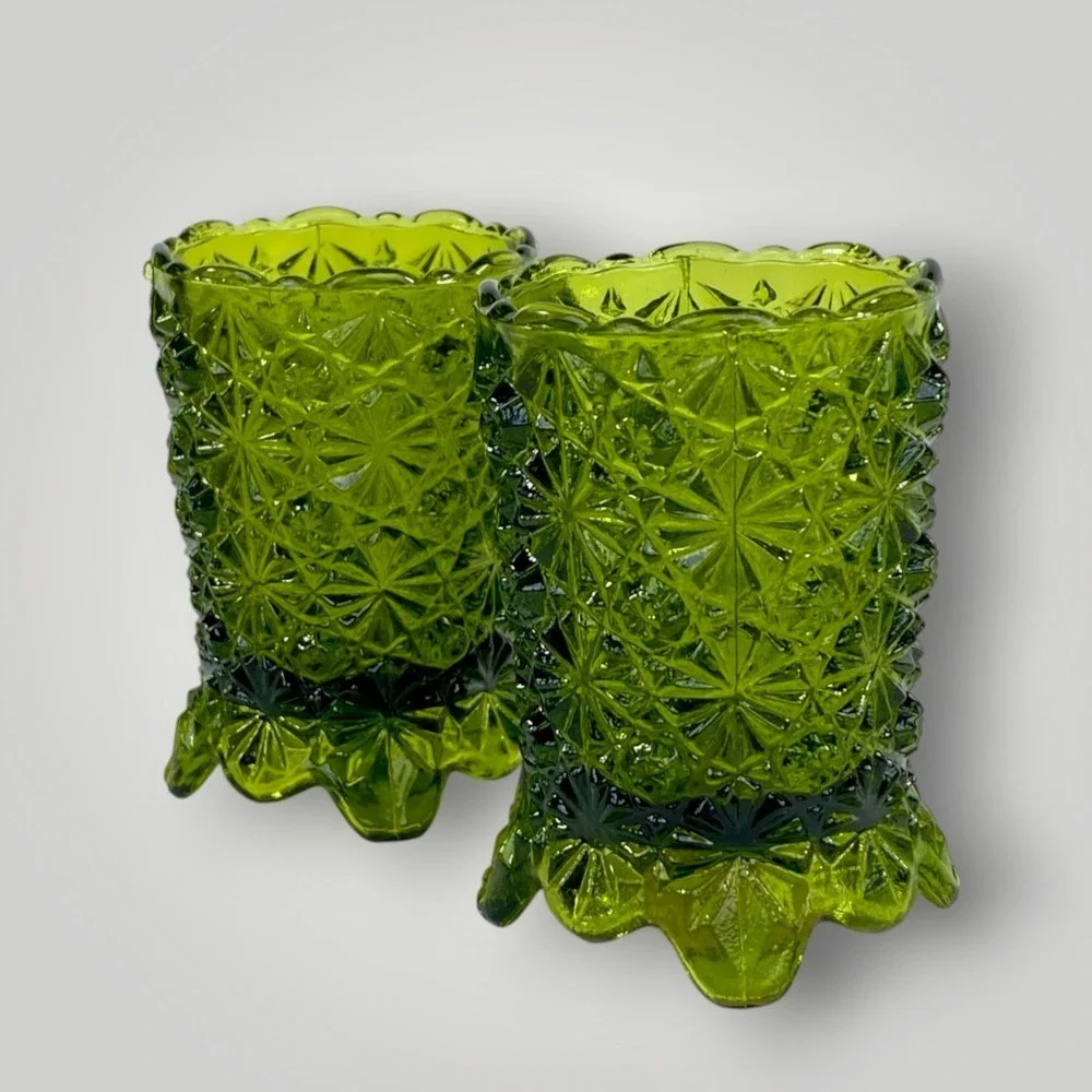 HOMCO Avocado Green Glass Votive Candle Holders Daisy Button Pair 1970s